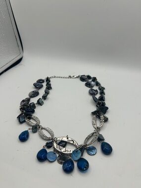Vintage Blue & Silver Shell Drop Necklace - Women Jewelry